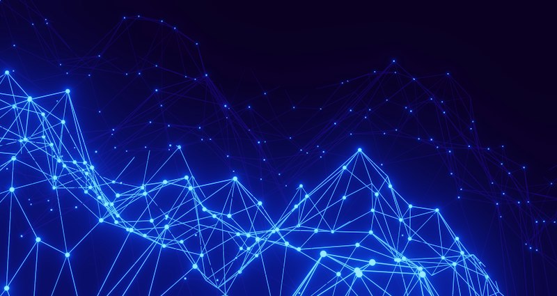 Representação abstrata de nós e conexões de rede em azul